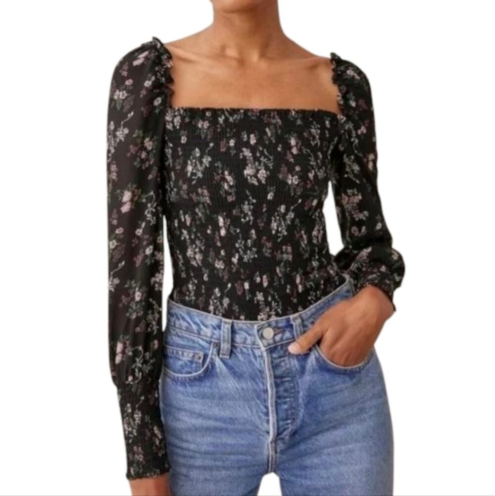 Reformation Pinto Shirred Smocked Blouse In Jolene Floral Print